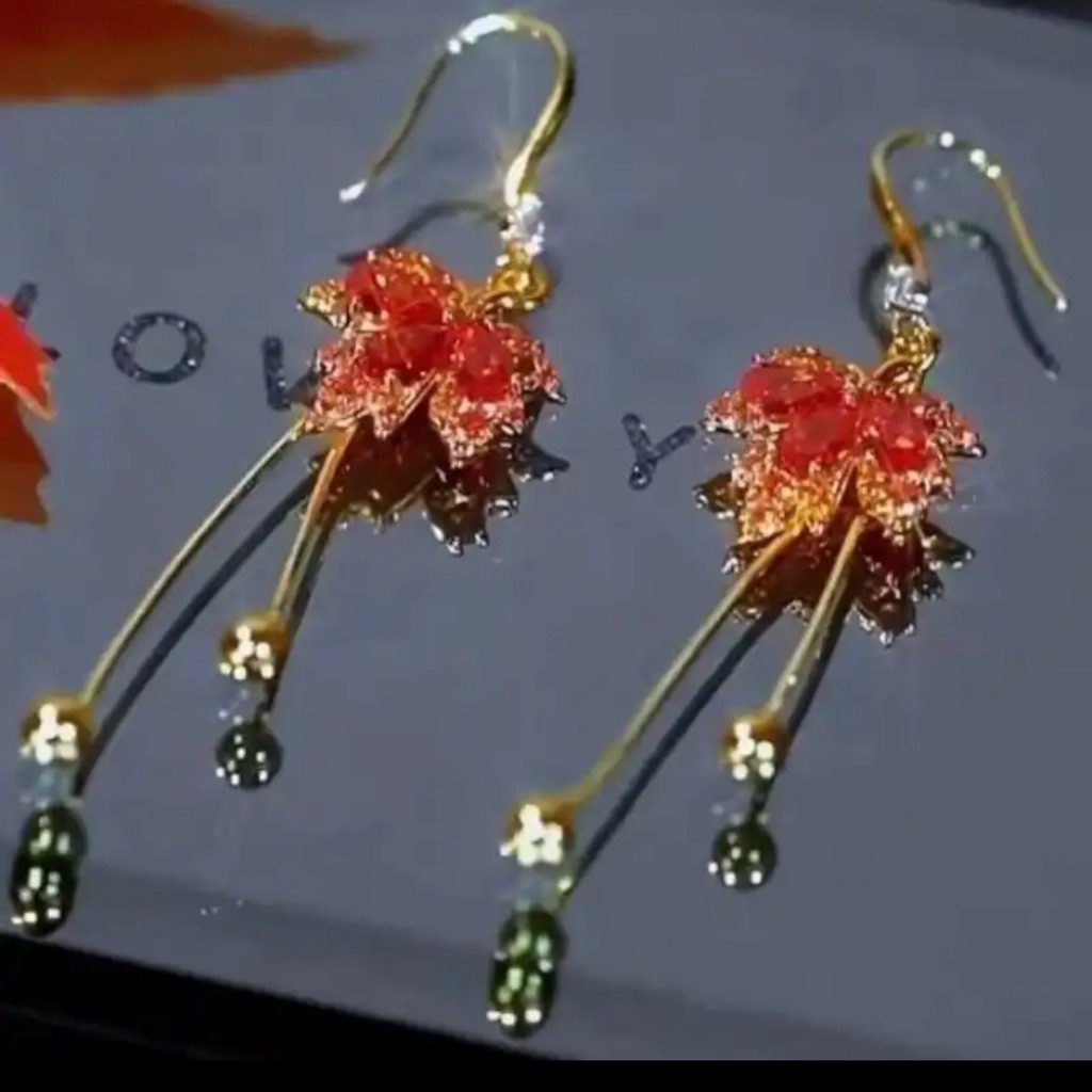 Red Crystal Maple Leaf Fall Autumn Thanksgiving Earrings